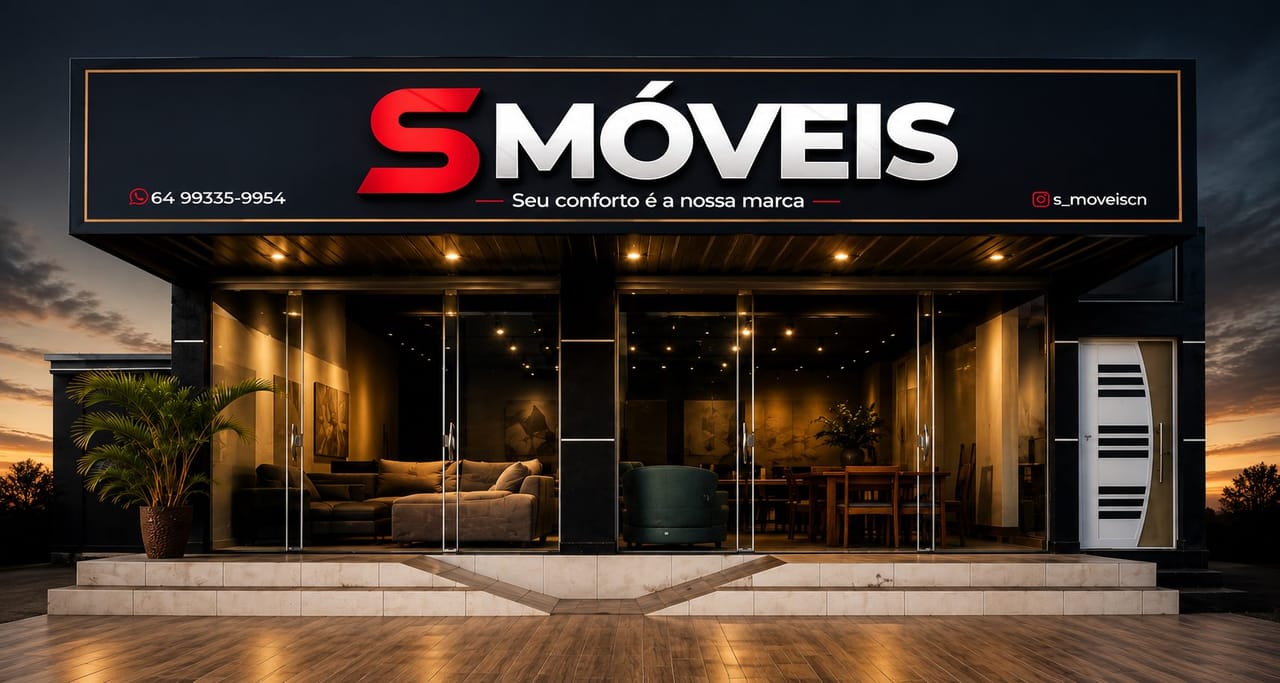 Fachada da S Móveis & Decorações em Caldas Novas, iluminada à noite