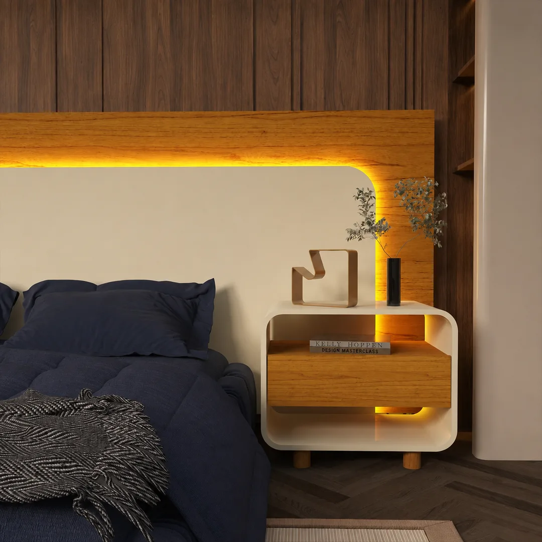 Detalhe da mesa de cabeceira Innova com gaveta flutuante e iluminação LED